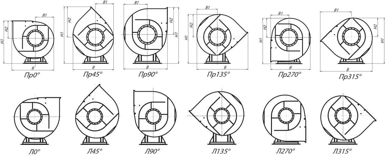 Варианты углов поворота корпуса вентиляторов ВРП 115-45-3,15 (№3,15)