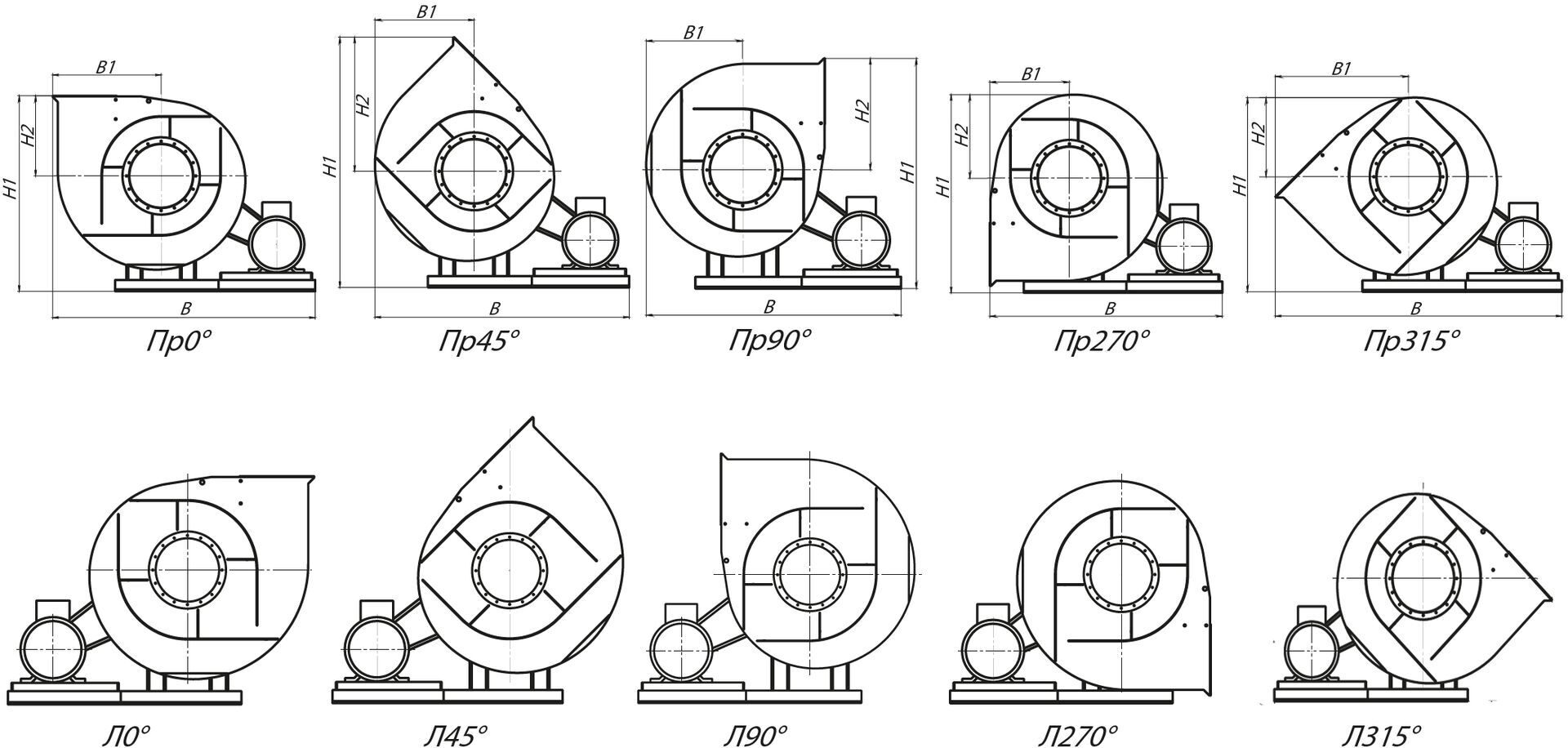 Стандартные варианты углов поворота корпуса вентиляторов ВР 130-28-12,5 схема 5 (исполнение 5)