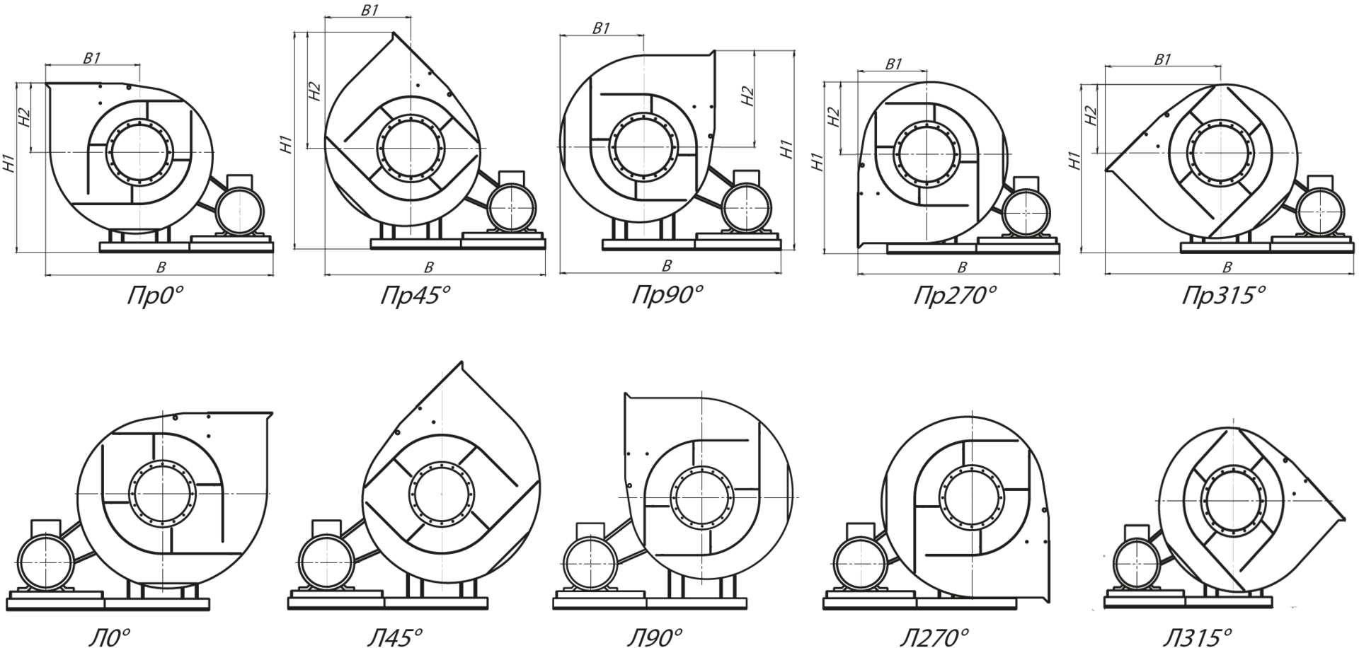 Стандартные варианты углов поворота корпуса вентиляторов ВЦ 4-75-16 схема 5