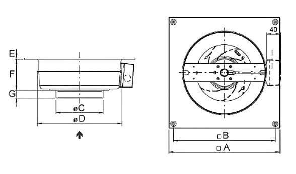 Габаритный чертеж канальных вентиляторов с настенной панелью ВКК-125Ф